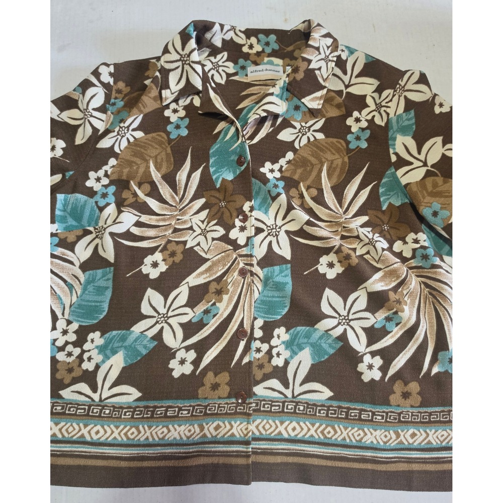 Alfred Dunner Womens 22W Brown Teal Tropical Floral Button Front Blouse Top